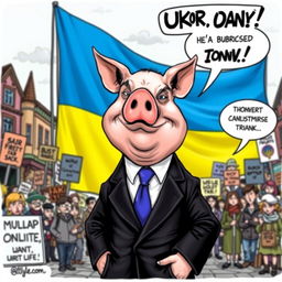 A satirical cartoon depicting a pig with exaggerated features resembling a political figure, wearing a suit and tie, symbolizing a humorous political criticism