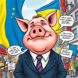 A satirical cartoon depicting a pig with exaggerated features resembling a political figure, wearing a suit and tie, symbolizing a humorous political criticism