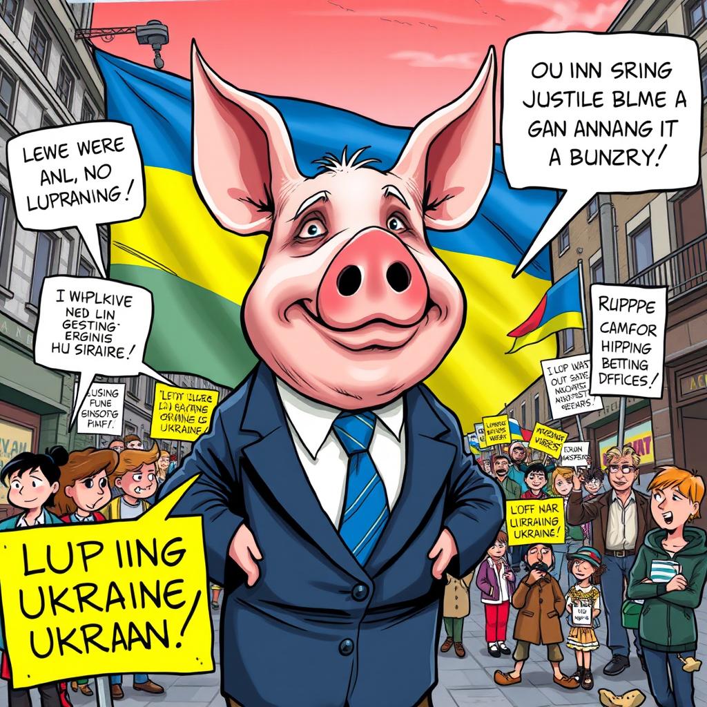 A satirical cartoon depicting a pig with exaggerated features resembling a political figure, wearing a suit and tie, symbolizing a humorous political criticism