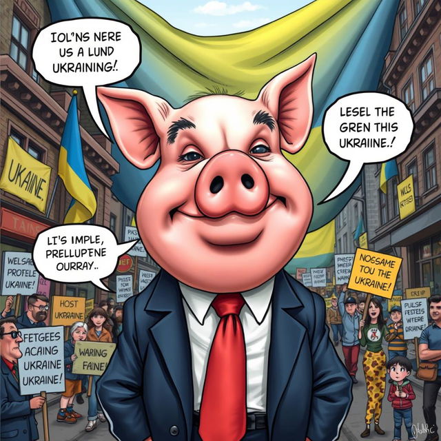 A satirical cartoon depicting a pig with exaggerated features resembling a political figure, wearing a suit and tie, symbolizing a humorous political criticism