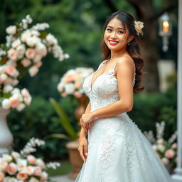 A beautiful Indonesian-Korean woman with a voluptuous figure, dressed in an enchanting wedding gown that features elegant lace and intricate embroidery