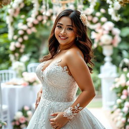 A beautiful Indonesian-Korean woman with a voluptuous figure, dressed in an enchanting wedding gown that features elegant lace and intricate embroidery