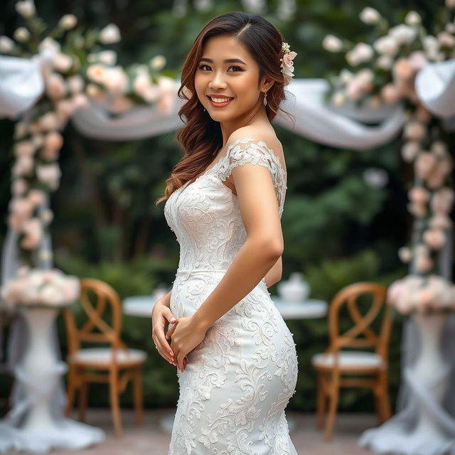 A beautiful Indonesian-Korean woman with a voluptuous figure, dressed in an enchanting wedding gown that features elegant lace and intricate embroidery