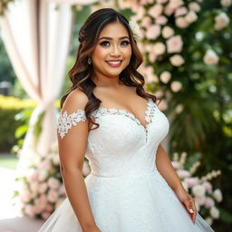 A beautiful Indonesian-Korean woman with a voluptuous figure, dressed in an enchanting wedding gown that features elegant lace and intricate embroidery