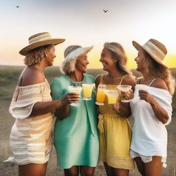 A group of women, around 50 years old, laughing heartily, holding margaritas and gazing over a stunning sunset