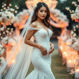 A stunning beautiful woman of Indonesian-Japanese descent with a curvaceous yet slim figure, elegantly dressed in a mesmerizing wedding gown that combines elements of both cultures
