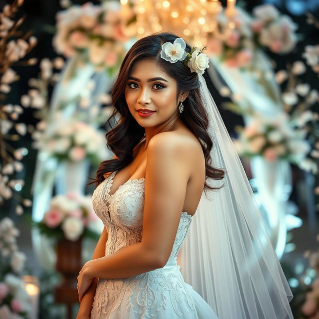 A stunning beautiful woman of Indonesian-Japanese descent with a curvaceous yet slim figure, elegantly dressed in a mesmerizing wedding gown that combines elements of both cultures