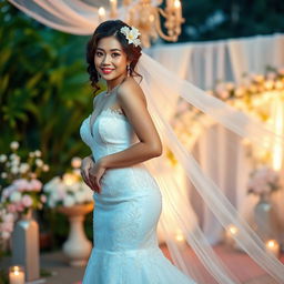 A stunning beautiful woman of Indonesian-Japanese descent with a curvaceous yet slim figure, elegantly dressed in a mesmerizing wedding gown that combines elements of both cultures