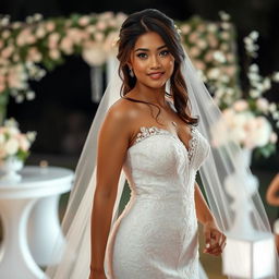 A stunning beautiful woman of Indonesian-Japanese descent with a curvaceous yet slim figure, elegantly dressed in a mesmerizing wedding gown that combines elements of both cultures