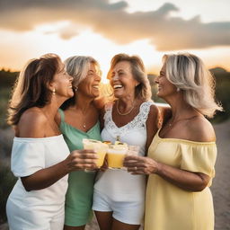 A group of women, around 50 years old, laughing heartily, holding margaritas and gazing over a stunning sunset