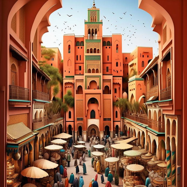 Generate an intricate, cartoon depiction of Marrakesh, Morocco, showcasing its unique elements like the bustling Jemaa el-Fnaa square and the ornate Bahia Palace.