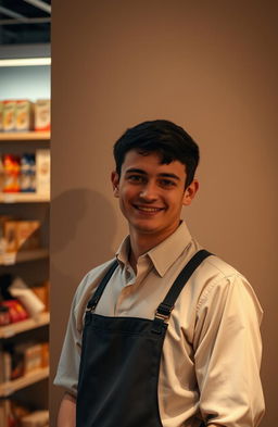 A twenty-year-old man working in a store, dressed in a modern uniform, with a friendly demeanor