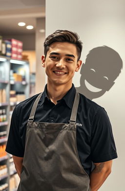 A twenty-year-old man working in a store, dressed in a modern uniform, with a friendly demeanor