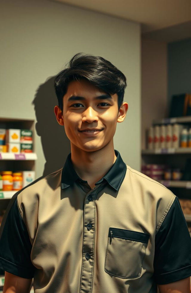 A twenty-year-old man working in a store, dressed in a modern uniform, with a friendly demeanor