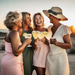 A group of women, around 50 years old, laughing heartily, holding margaritas and gazing over a stunning sunset