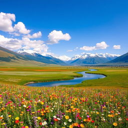 A mesmerizing landscape depicting a serene and vast meadow under a clear blue sky, with vibrant wildflowers in a spectrum of colors, gently swaying in the breeze