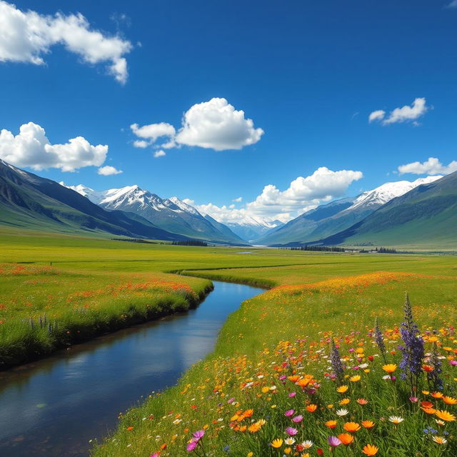 A mesmerizing landscape depicting a serene and vast meadow under a clear blue sky, with vibrant wildflowers in a spectrum of colors, gently swaying in the breeze