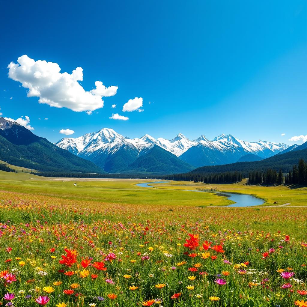 A mesmerizing landscape depicting a serene and vast meadow under a clear blue sky, with vibrant wildflowers in a spectrum of colors, gently swaying in the breeze