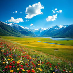 A mesmerizing landscape depicting a serene and vast meadow under a clear blue sky, with vibrant wildflowers in a spectrum of colors, gently swaying in the breeze