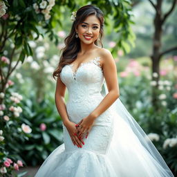 A stunning beautiful woman of Indonesian-European descent with a curvaceous yet slim figure, elegantly wearing a captivating wedding gown that seamlessly fuses elements from both cultures