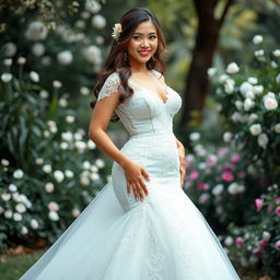 A stunning beautiful woman of Indonesian-European descent with a curvaceous yet slim figure, elegantly wearing a captivating wedding gown that seamlessly fuses elements from both cultures