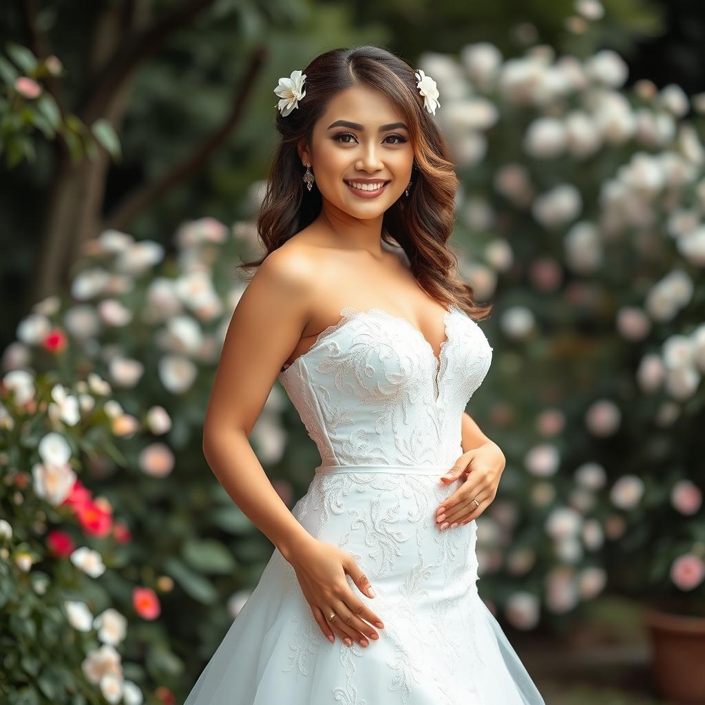 A stunning beautiful woman of Indonesian-European descent with a curvaceous yet slim figure, elegantly wearing a captivating wedding gown that seamlessly fuses elements from both cultures