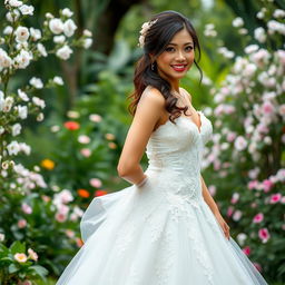 A stunning beautiful woman of Indonesian-European descent with a curvaceous yet slim figure, elegantly wearing a captivating wedding gown that seamlessly fuses elements from both cultures