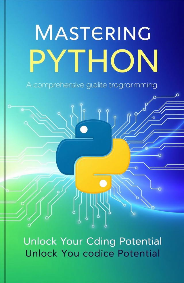 A modern and sleek book cover design for a Python programming book, featuring the iconic Python logo prominently in the center