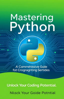 A modern and sleek book cover design for a Python programming book, featuring the iconic Python logo prominently in the center