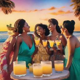 A group of joyful women, pleasantly laughing with margaritas in hand, while beholding the majesty of the sunset