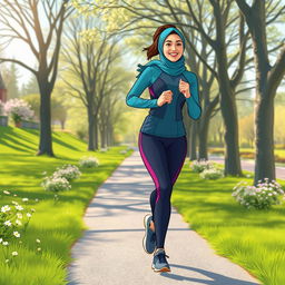 An illustration featuring an individual engaged in solo outdoor sports, showcasing modestly covered athletic wear suitable for exercise
