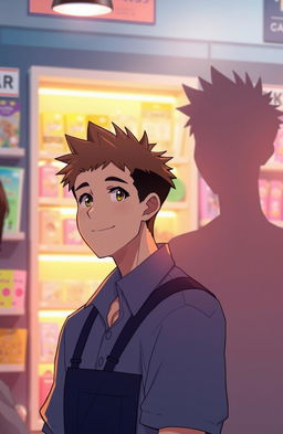 A twenty-year-old man working in a store, depicted in vibrant anime style