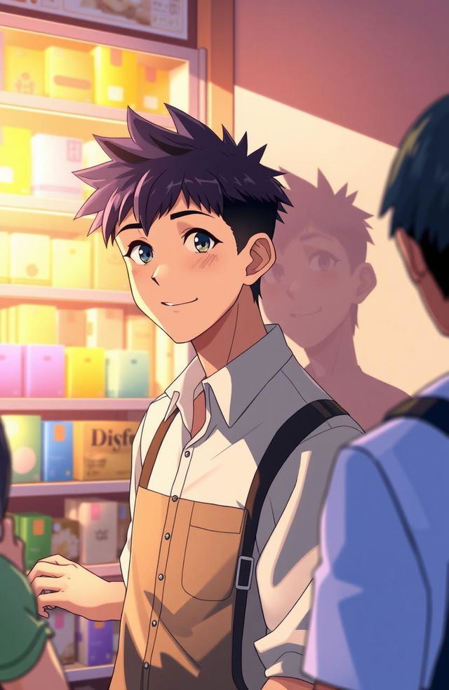 A twenty-year-old man working in a store, depicted in vibrant anime style