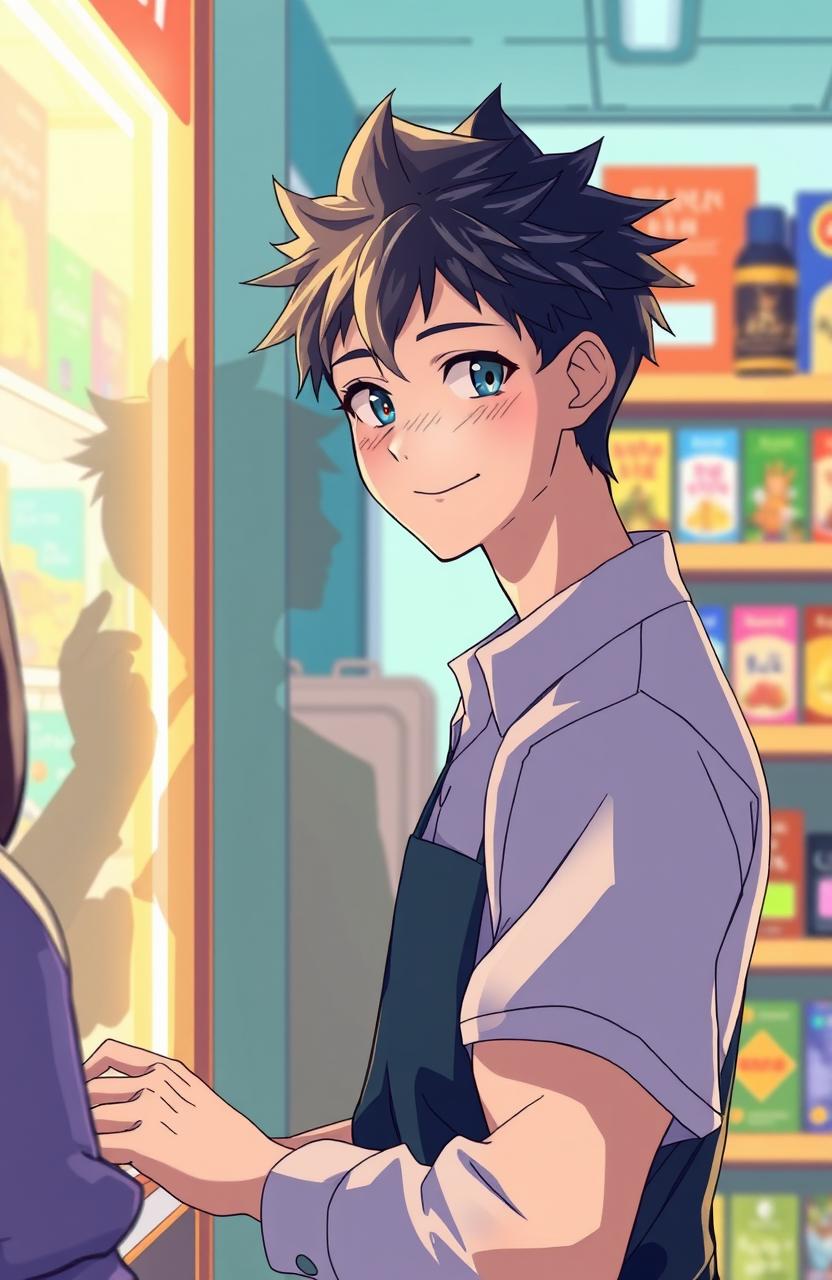 A twenty-year-old man working in a store, depicted in vibrant anime style