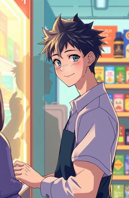 A twenty-year-old man working in a store, depicted in vibrant anime style