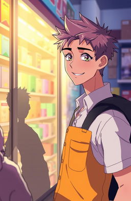 A twenty-year-old man working in a store, depicted in vibrant anime style