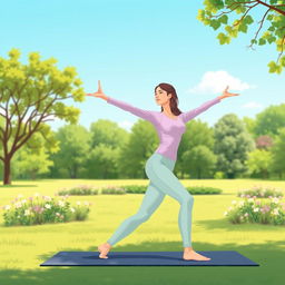 An illustration depicting a person engaging in solo exercise outdoors, clothed in modest athletic wear