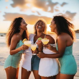 A group of joyful women, pleasantly laughing with margaritas in hand, while beholding the majesty of the sunset