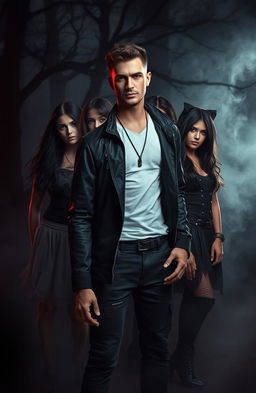 A man standing confidently in the foreground, surrounded by multiple captivating girls who exude a sense of mystery and allure