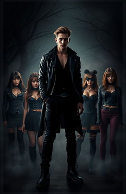 A man standing confidently in the foreground, surrounded by multiple captivating girls who exude a sense of mystery and allure