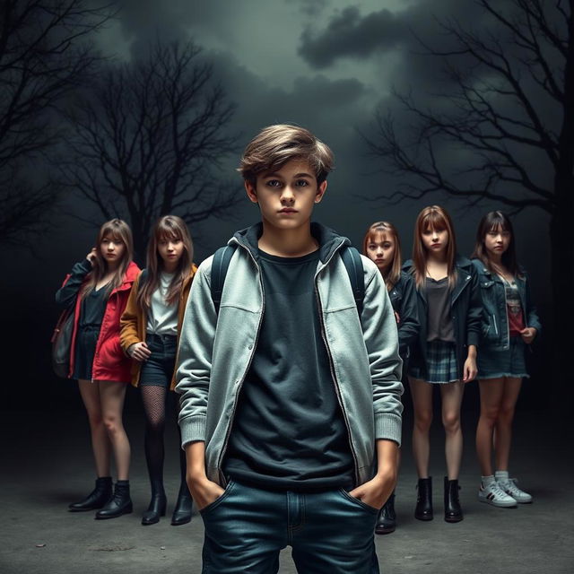 A high school boy standing confidently in the foreground, surrounded by multiple high school girls who have an intriguing and stylish appearance