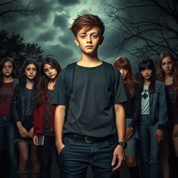 A high school boy standing confidently in the foreground, surrounded by multiple high school girls who have an intriguing and stylish appearance