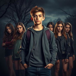 A high school boy standing confidently in the foreground, surrounded by multiple high school girls who have an intriguing and stylish appearance