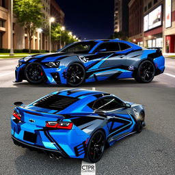 A custom designed wrap for a Chevrolet Camaro SS, featuring a sleek, modern aesthetic with bold geometric patterns in a vibrant color palette of deep blue, silver, and black