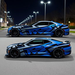 A custom designed wrap for a Chevrolet Camaro SS, featuring a sleek, modern aesthetic with bold geometric patterns in a vibrant color palette of deep blue, silver, and black