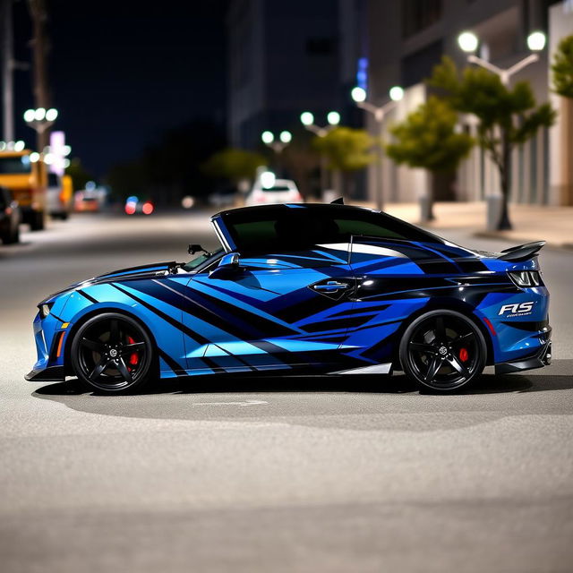 A custom designed wrap for a Chevrolet Camaro SS, featuring a sleek, modern aesthetic with bold geometric patterns in a vibrant color palette of deep blue, silver, and black