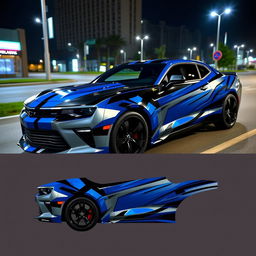 A custom designed wrap for a Chevrolet Camaro SS, featuring a sleek, modern aesthetic with bold geometric patterns in a vibrant color palette of deep blue, silver, and black