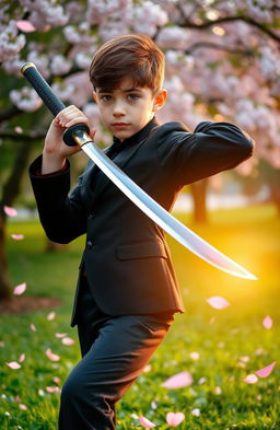A young boy confidently wearing a stylish black suit, holding a katana with a sharp, gleaming blade