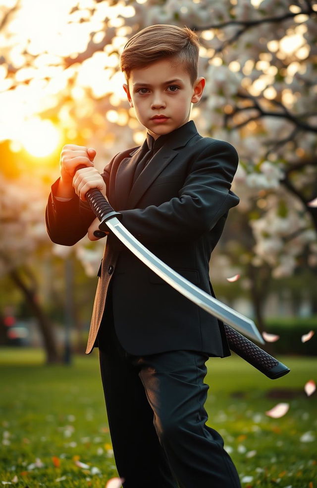 A young boy confidently wearing a stylish black suit, holding a katana with a sharp, gleaming blade