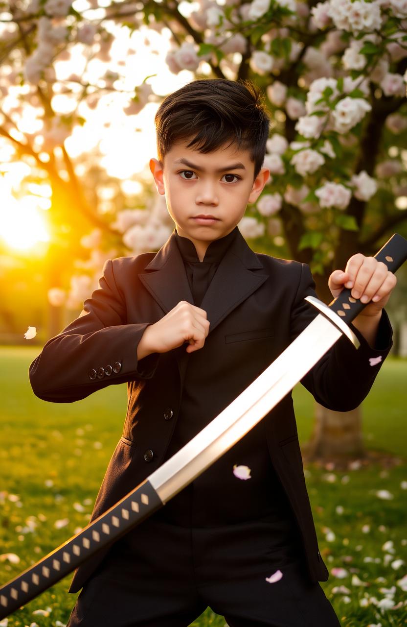 A young boy confidently wearing a stylish black suit, holding a katana with a sharp, gleaming blade